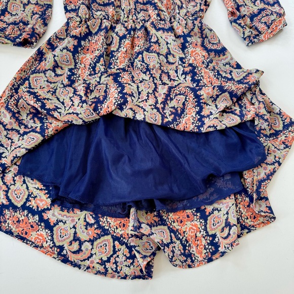 Lush Womens Navy Peach Paisley Print Wrap Mini Dress Flare 3/4 Sleeve Size Small - Picture 7 of 13